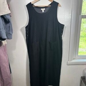 Vintage Talbots Jumper Overall Dress Women Sz XL Black Faux Suede Maxi Pockets